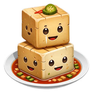 Stinky Tofu with sauce and pickles, simplified emoji style with bold outlines and bright colors, cartoon style dark fermented Chinese street food with steam sticker
