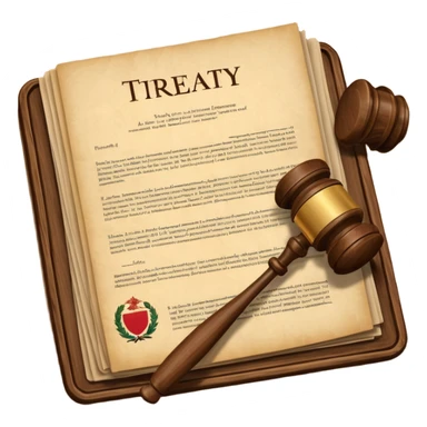 a gavel and a treaty document, symbolizing international agreements sticker
