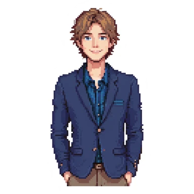 Flat pixel are, lively and clever male debater, fair skin, short messy light brown hair, sharp eyes with a mischievous smile, wearing indigo blazer over a casual t-shirt, one hand raised mid-gesture, waist-up, front-facing sticker