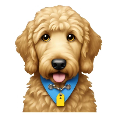 Golden doodle with blue collar and yellow tag sticker