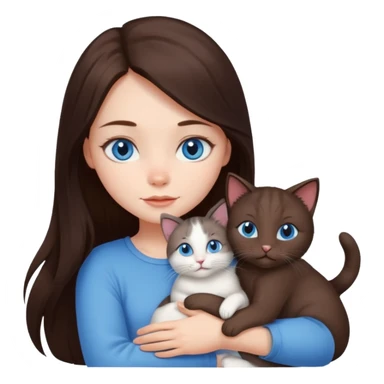 a pretty girl with long dark 
brown hair, with blue eyes, hugs 3 different natural coloured small cats sticker