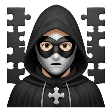 grayscale black mysterious masked hooded man with puzzle logo on hood sticker