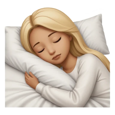 Mujer color de piel moreno claro, con cabello rubio largo, lacio y suelto, ojos negros, durmiendo con sábanas blancas  sticker