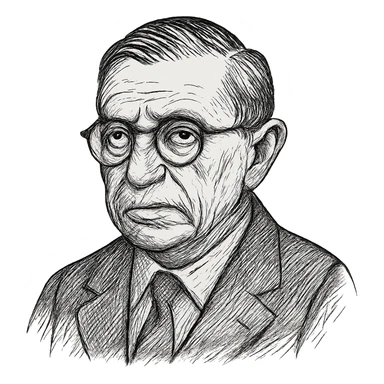 Enhance the Jean-Paul Sartre black outline icon with more detailed and refined facial features, hair, and clothing. Emphasize his round glasses while maintaining the hand-drawn black outline style and transparent background. sticker