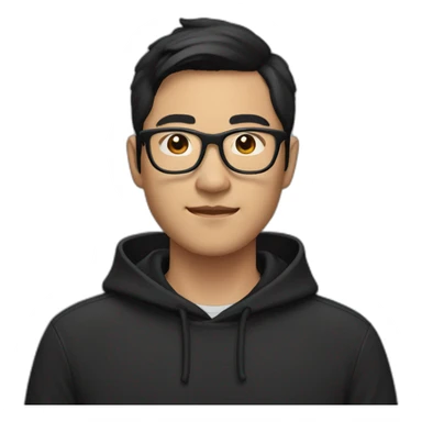 asian man with glasses dark haired wearing a black hoodie with a subtle mustache sticker