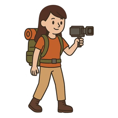 flat toon style hiking woman with brown hair holding a video camera sticker
