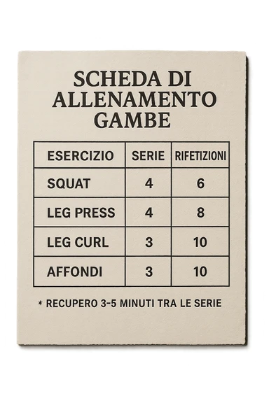 scheda di allenamento gambe in italiano che segna 3-5 minuti di recupero tra le serie, vista dall'alto, iperrealistica 4k sticker