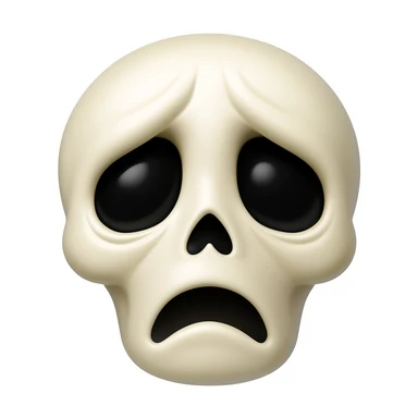 Make a sad skeleton face emoji exactly like the reference image, in iOS emoji style. Same expression, shape, and details, smooth and shiny. sticker
