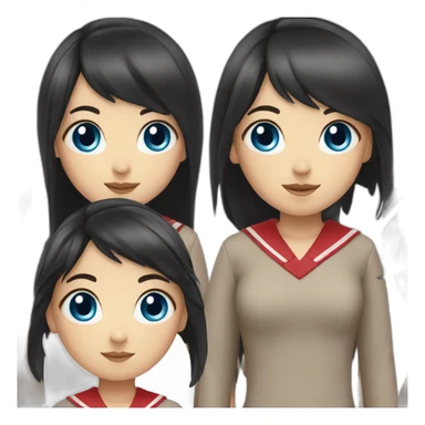 girl with long black hair, thick bangs, blue eyes, red school uniform sticker