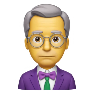 simpsons yellow man with neatly parted brown-gray hair, thick rectangular eyebrows, large round eyes behind thin glasses, a pointed nose, and a green suit with a white collar and purple bow tie. sticker