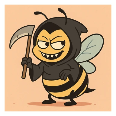cartoon bee in a grim reaper costume, smiling mischievously, with a small scythe sticker