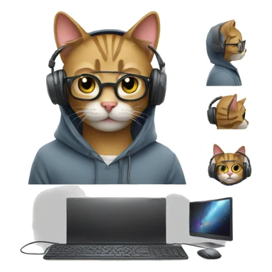 cat is a graphic designer in a hoodie and headphones, working at a computer in photoshop sticker