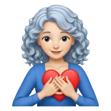 Silverhair, wavy/curly hair chin-length lady giving hug with 2 arms, blue v-neck and smiling, add a heart sticker