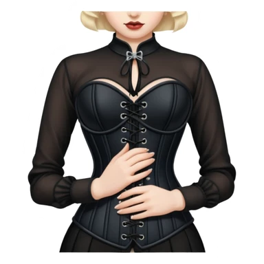 Close-up of hands tightening a black corset on pale body, slow deliberate tension sticker