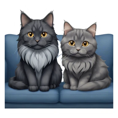 Portrait of a black smoke Maine Coon cat with long grey ear tufts, alongside a British Shorthair cat with a solid blue coat on sofa. Both cats with detailed fur textures and playful expressions. Soft, elegant background of room with warm, natural tones. Transparent background. sticker