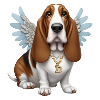 Elderly Basset hound with angel wings eating a box of chocolates and wearing a large letter D bling necklace sticker