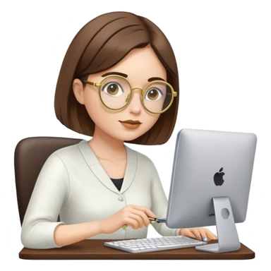 white woan with asymetric bob cut brown hair with round gold glasses working on a pc sticker