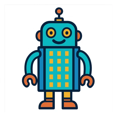 a smiling robot with a body shaped like a skyscraper sticker