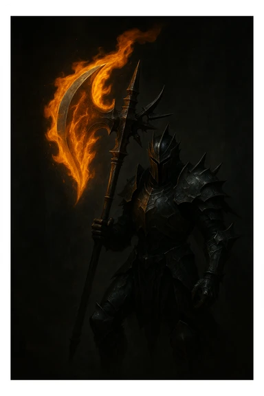 Make the flaming halbert super realistic, held by a scary, armored knight in a dark fantasy setting with dramatic lighting. Keep the background dark and moody, emphasizing realism and fantasy atmosphere. sticker