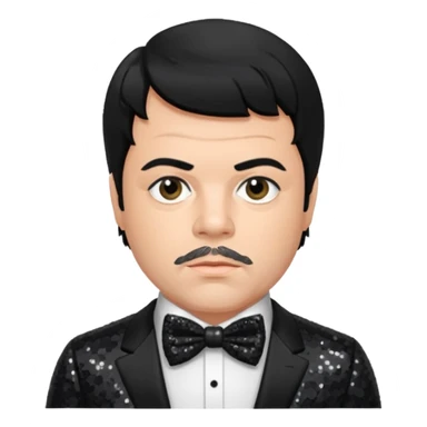 Oliver Reed with black hair, black sequin suit with bow tie sticker