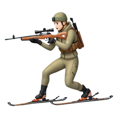 An icon showing a snowy landscape with pine trees, mountains, and a clear sky with a biathlete aiming a rifle in the foreground, wearing winter gear and skis. Transparent background emphasizes the precision, endurance, and beauty of this winter sport. sticker