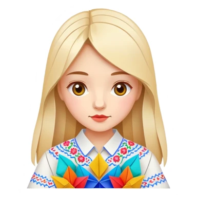 Ukrainian young girl in a white embroidered traditional shirt (vyshyvanka) holding colorful origami sticker