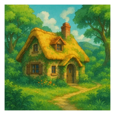 a cozy cottage in a magical landscape with lush greenery in Ghibli style sticker