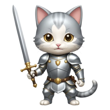 baby chibi cat in silver armor, full body, smile, hold sword sticker