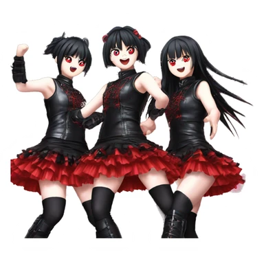 "Su-metal", "Moametal", and "Momometal" from the band Babymetal doing their dance move on stage wearing their black leather over red frilly dress sticker
