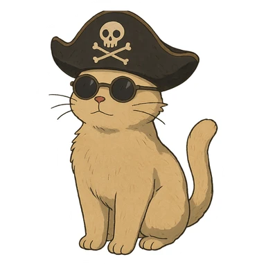 ghibli style cat wearing sunglasses and a pirate hat sticker