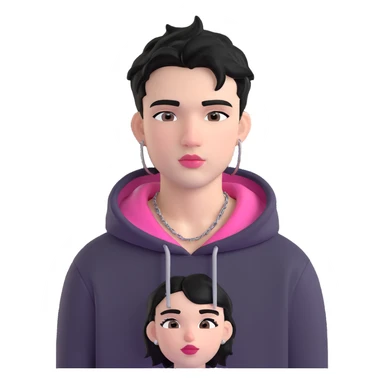 AI emoji character of a young man with short tousled black hair, fair skin, pink lips, nose piercing, eyebrow piercing, silver earrings, thin chain necklace, wearing hoodie and graphic t-shirt, neutral confident look, soft cartoonish yet realistic style emphasizing facial details and accessories sticker