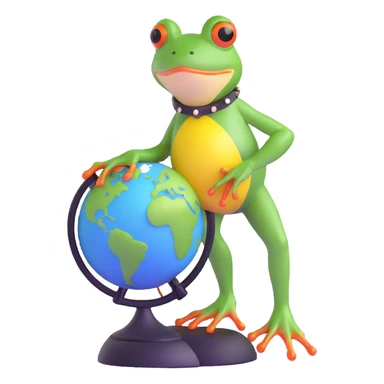 glamorous frog in a choker, standing on a globe sticker