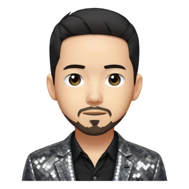 Mike Shinoda with sequin gray suit jacket with black shirt sticker
