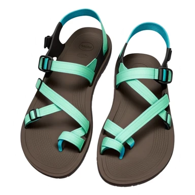 Chaco sandal with toe loop, black footbed, light blue and light green straps sticker