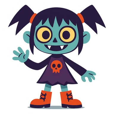 scary cute girl character, big eyes, playful but spooky, cartoon style sticker