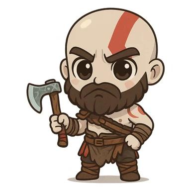 chibi-style Kratos with a tiny axe and big eyes sticker