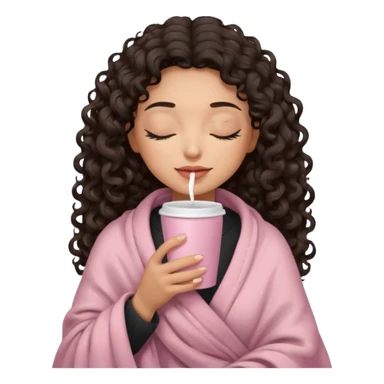 hispanic woman, light brown skin, black long 3b curls, closed eyes, feminine face, holding soft pink coffee cup with beige blanket over shoulders sticker
