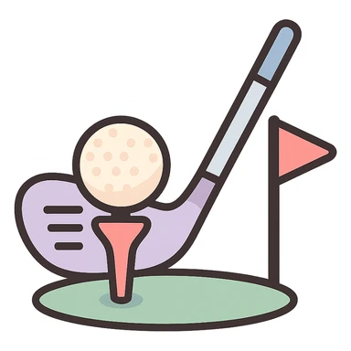 golf ball on a tee with golf club positioned as if about to hit and flag visible, icon-color-outlined style, detailed shading, thin clean outlines, soft rounded features, pastel palette #98B5BC #B5B3C1 #C9A3C9 #E4C0CA #F7DCD1 #F7C0AA, Japanese pop art, sticker look, highly detailed, vector clarity, soft lighting, subtle shadows, transparent background sticker