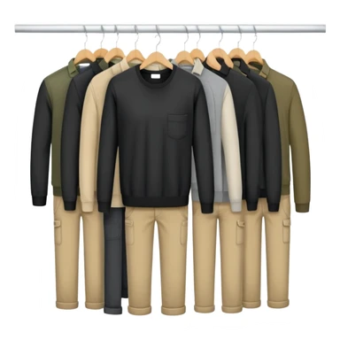 Open wardrobe filled with practical work clothes - black shirts, overalls, khaki pants, and sweaters sticker