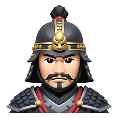 clash-of-clans-aesthetic_-cinematic-fearsome-and-majestic-samurai-bust-portrait-emoji, rendered in a flat, vector-style with minimal shading and bold, simplified shapes typical of emoji art, depicting a battle-hardened samurai with black mask and traditional black Japanese armor. The samurai is riding a noble grey warhorse adorned with an intricately designed saddle and fluttering banners and a rising sun. a samurai riding on a  horse zoomed in sticker