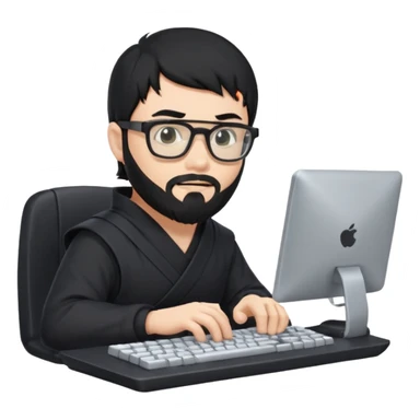 Man with black hair and beard wearing glasses in a ninja costume typing on a computer keyboard sticker