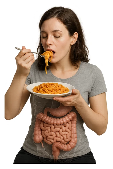 donna con intestino umano anatomico in evidenza che mangia un piatto di pasta, iperrealistico 4k sticker