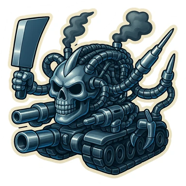 Edit the skull robot tank to have 4 distinct arms, each hand holding a different weapon: a large industrial blade, a blaster, a menacing syringe, and a claw. The exterior metal should be extra shiny silver grey, with inside cables and tech almost black. Add dark shaded smoke from the top. The skull face is smaller, dropped way down and put forward in front of the tank body. The whole subject should be compact and not tall, in a clean outline retro stickers style with transparent background. sticker