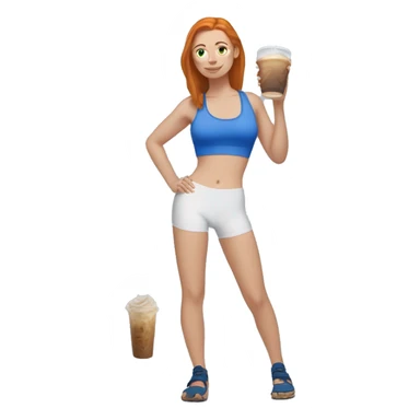 Ginger straight haired white girl in blue sports bra and leggings and birkenstocks drinking iced coffee sticker