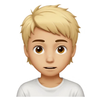 caramel skin color. Teen age. Short buzz, messy blonde hair, dark brown bushy eyebrows large expressive golden-brown eyes, brown skin color, scar over nose, wearing a plain white t-shirt. Awkward smirk with visible teeth. sticker
