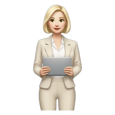 pale skin woman with ash blonde Straightened bob Hair, White Spacious classical jacket, beige palazzo Arrow pants and gray blouse holding a MacBook in the hands sticker