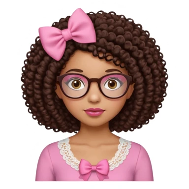 medium-light kinned afro-latina girl with medium length chocolate brown side part curly hair, small pink bow , with brown glasses, brown eyes, pink and white sweetheart necklined top with lace, round wide-ish nose, ob-long face sticker