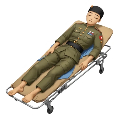 wounded man of oriental appearance, dressed in torn clothes, full length, with closed eyes, head lying on stretcher, in prone position, with injuries on black military stretcher, 1980 sticker