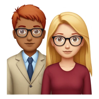 Indian man standing between a red haired girl with glasses and a blonde haired girl with glasses sticker
