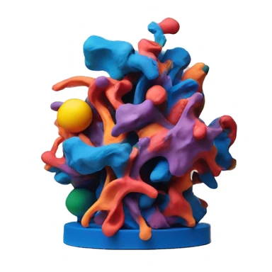 a colorful abstract sculpture made with modeling clay on top of a white plinth sticker